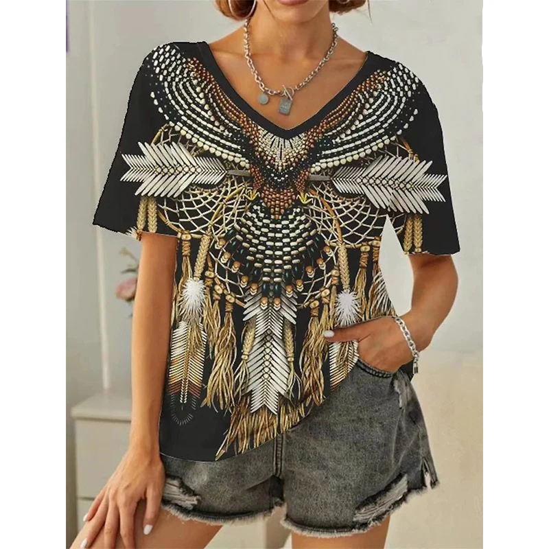Boho Woman's T-Shirt 3D Ethnic Tassel Pattern Print Short Sleeve Tops Street Casual T Shirt Streetwear Tee Shirt Female Clothing: 4XL / Blue