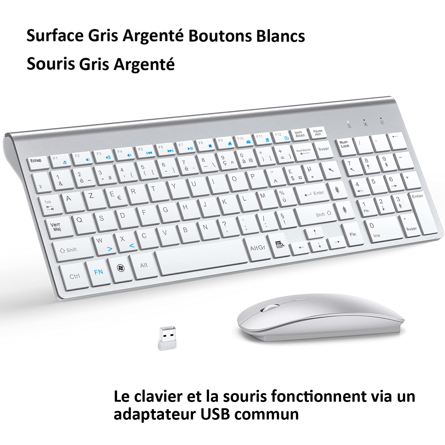 AZERTY French Layout 2.4G Mouse Keyboard Ultra-Slim Wireless Keyboard and Mouse Set Silent Compact for PC Laptop Windows: Silver