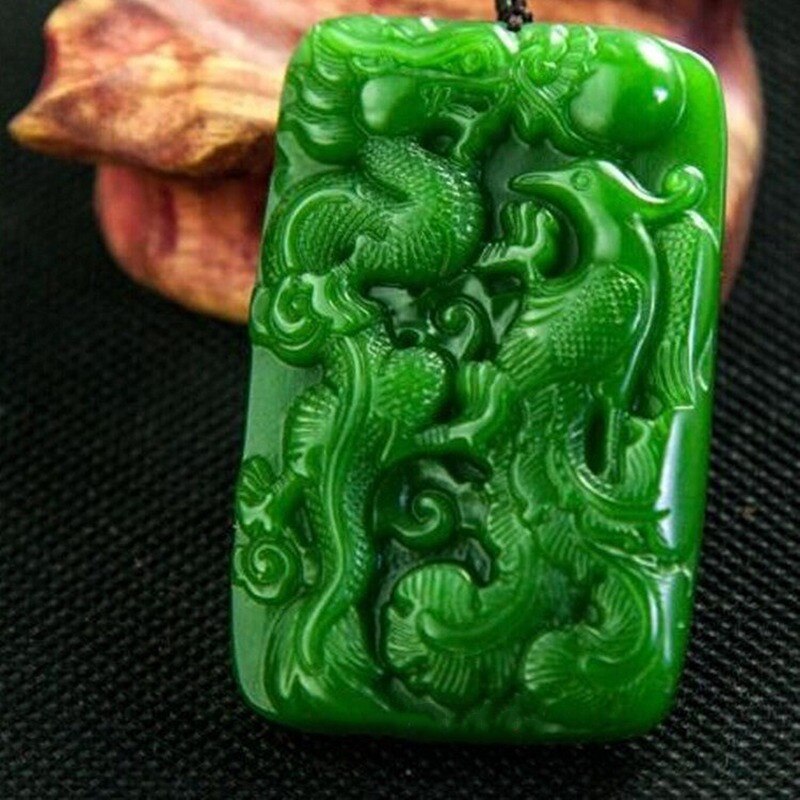 Natural Green Hand Carved Longfeng Jade Pendant Jewelry Men&#39;s and Women&#39;s Longfeng Chengxiang Necklace