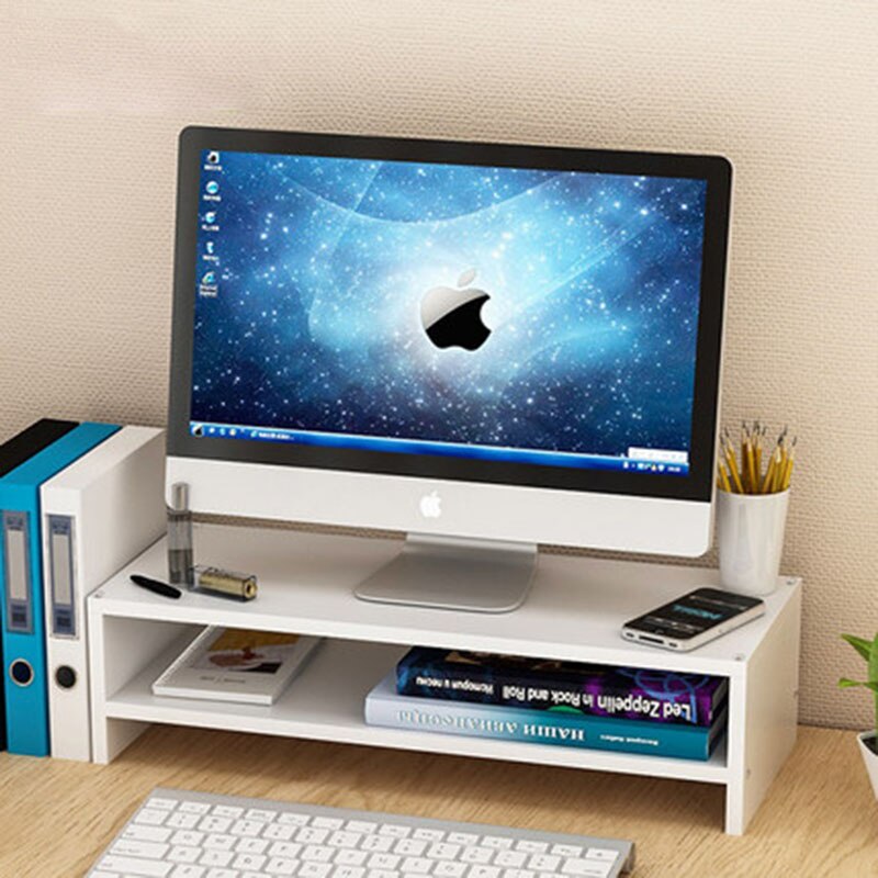 Computer Monitor Drawer Pad High Screen Base Office Desktop Storage Shelf Wood: white two