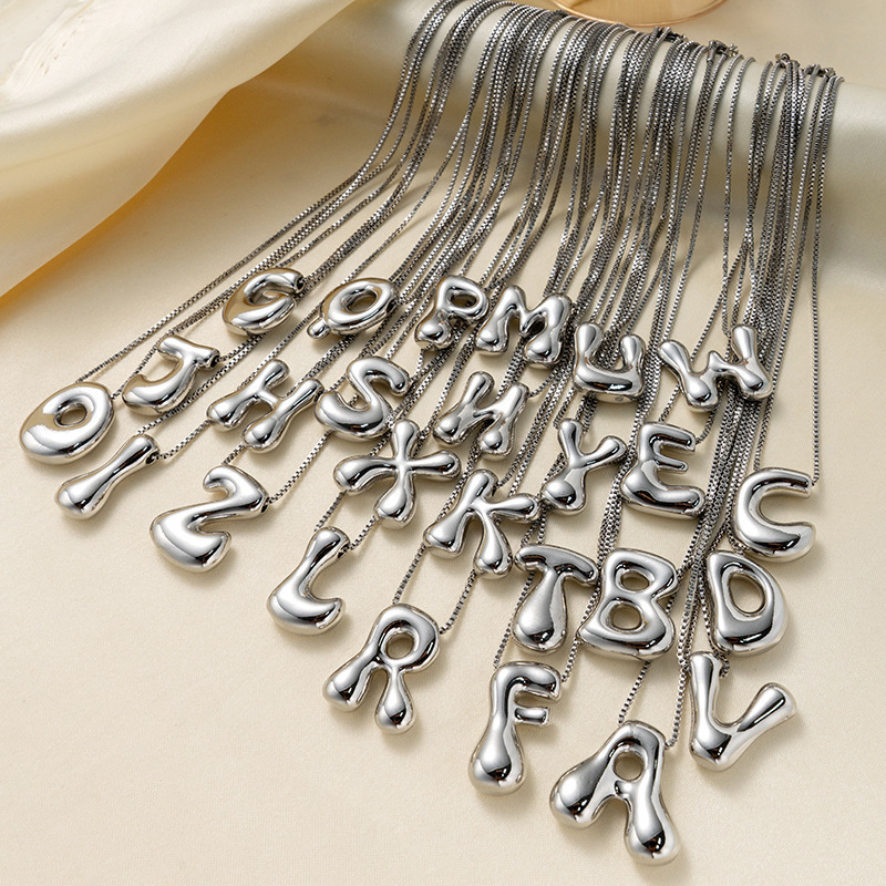 Stainless Steel Chubby Initial Alphabet Balloon Bubble Letter Box Chain Necklace Glossy PVD Waterproof Chic Jewelry Choker: MULTI