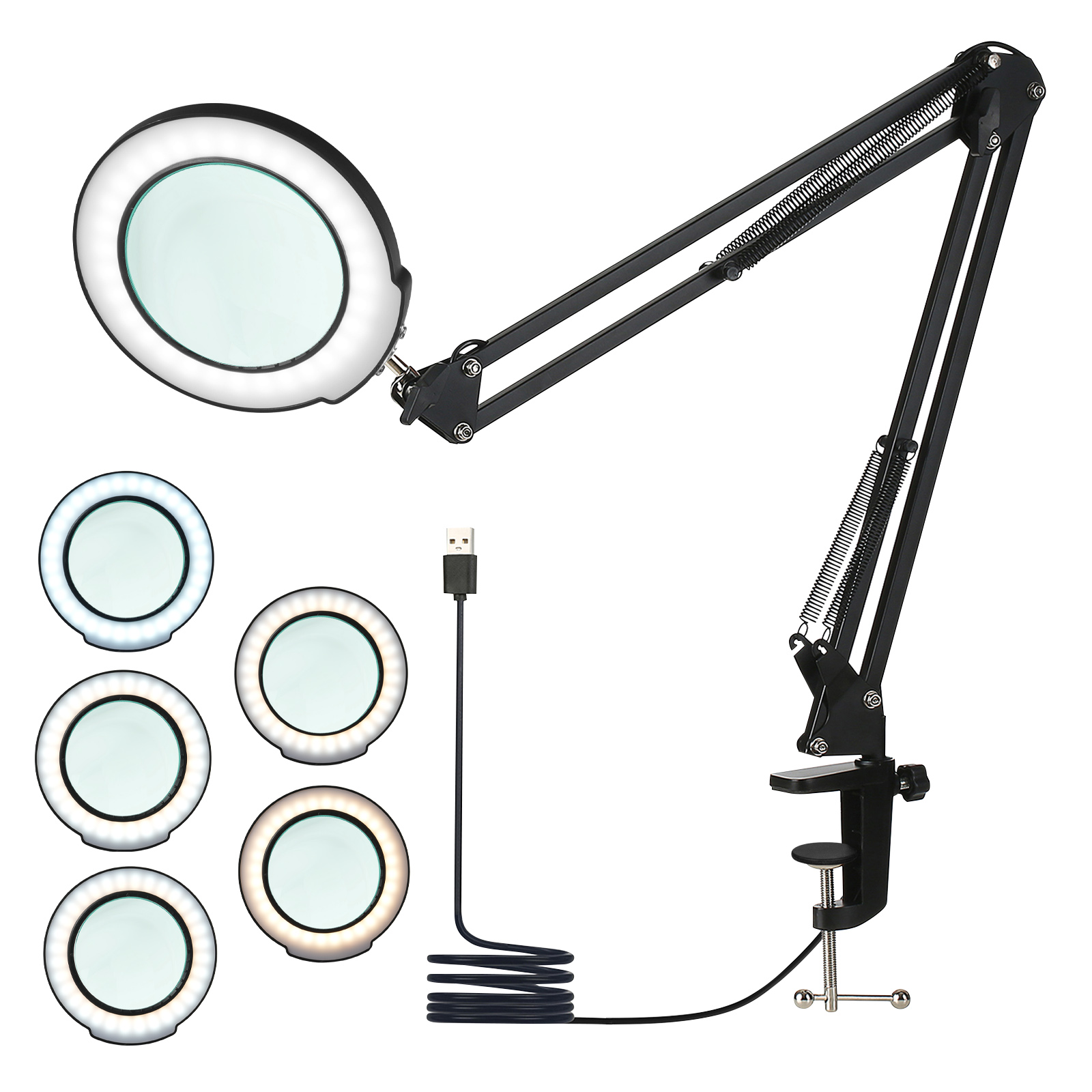 Mini-arbeitsleuchte mit 5x vergrößerungsgläsern, schwenkarm, dimmbaren leds, 5 farbtemperaturen , 5 helligkeitsstufen, klemmleuchte