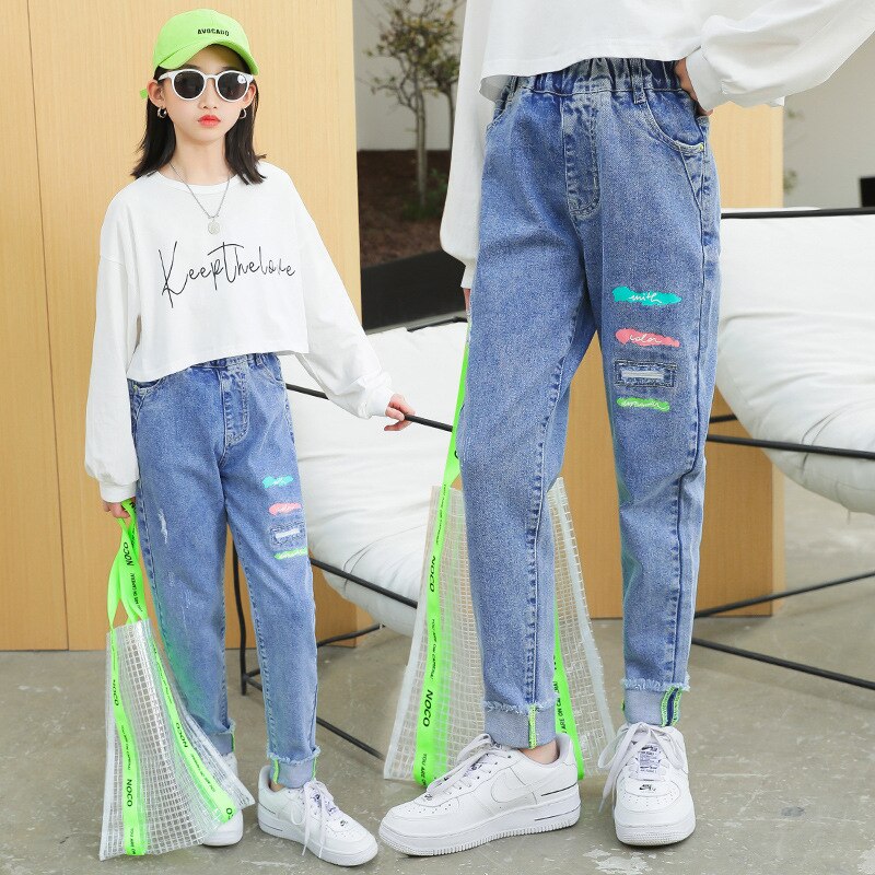 Aankomst Meisje Jeans Tiener Meisjes Skinny Jeans Kinderen Klassieke Mid Taille Print Jeans Meisjes Blauw Denim Broek Kids Meisjes kleding
