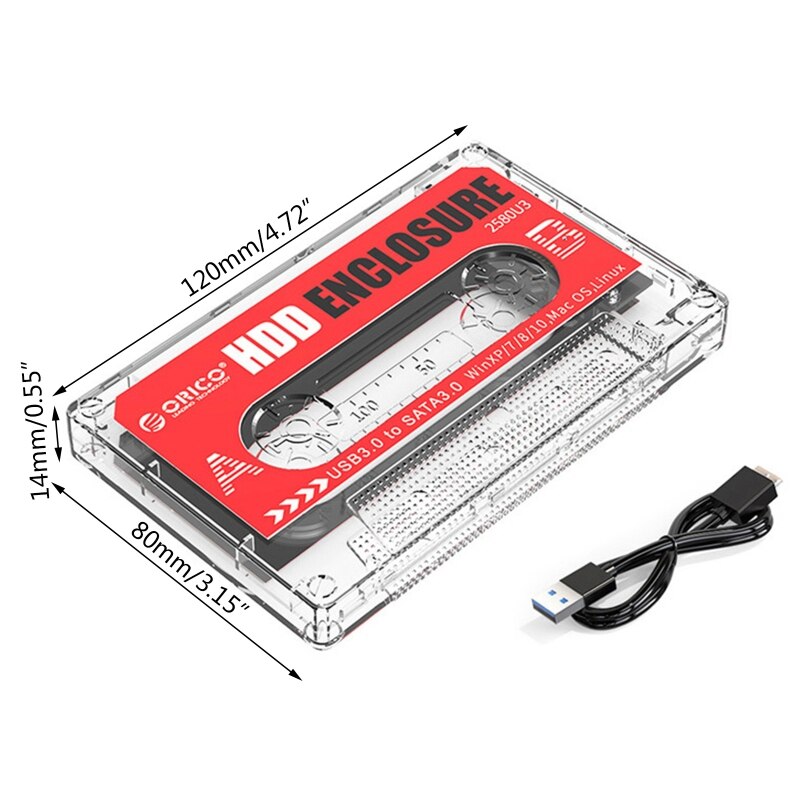 ORICO 2580U3 Transparent 2.5'' USB3.0 HDD SSD Case Hard Drive Enclosure with DIY Stickers Cassette Tape Like Appe