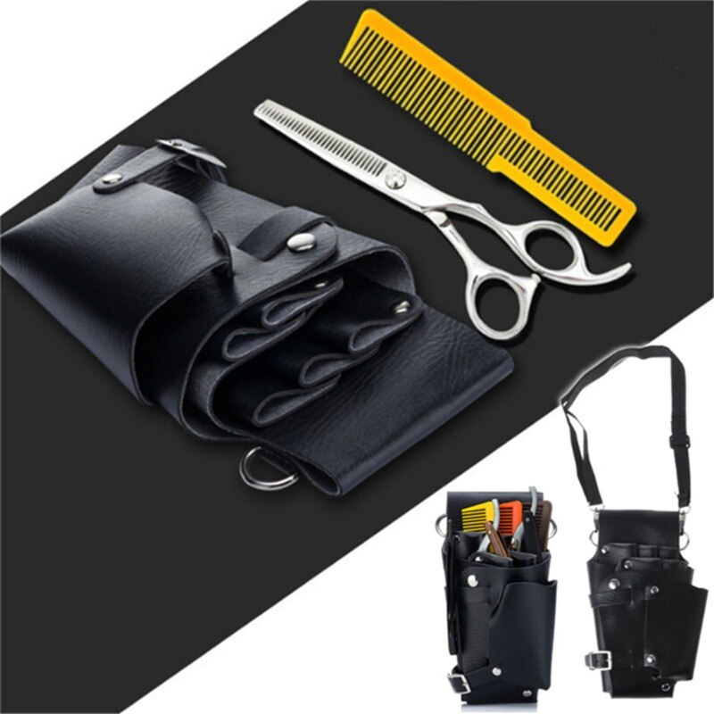 Professionele Leer Klinknagel Clips Zak Kappers Kapper Schaar Holster Pouch Holder Case Met Taille Schouder Riem Zwart Pu