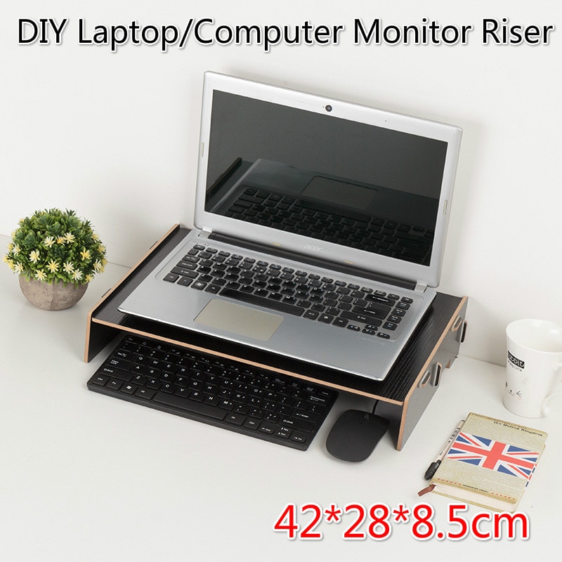 Wood Assembly Laptop Riser Simplified Table Storage Shelf for Computer DIY KeyBoard Organizer Monitor Stands Screen Bracket: Black