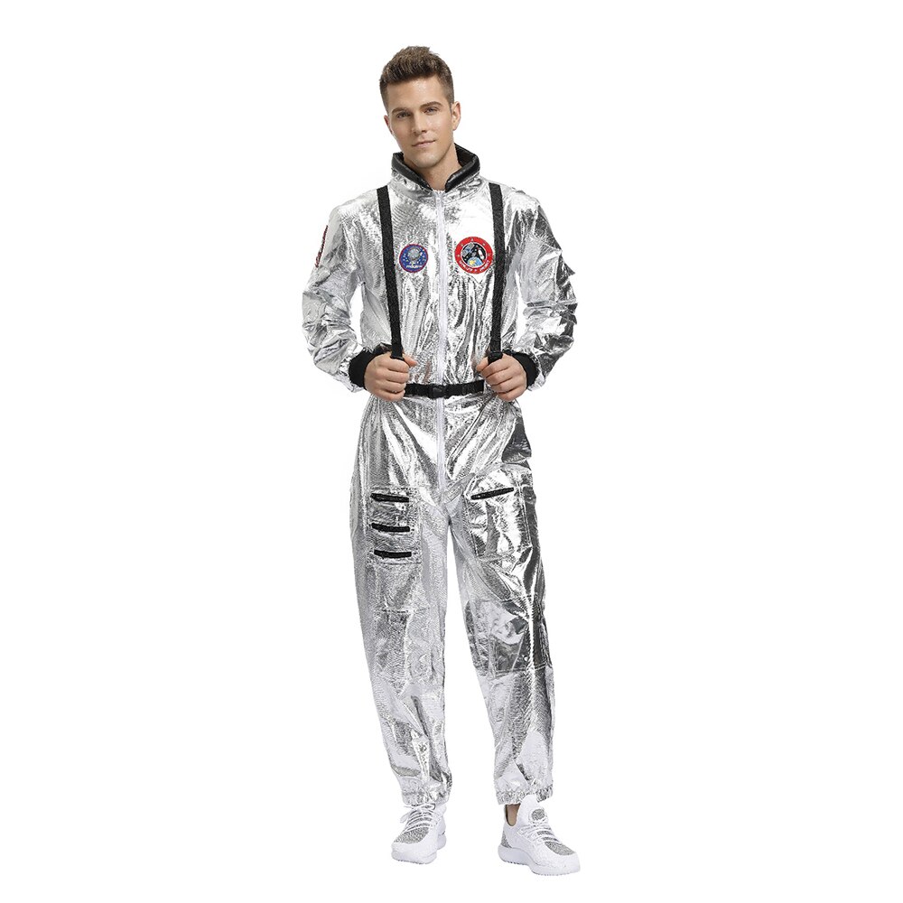 Plus size astronaut utomjordisk rymdman kostym vuxen kvinnor silver pilot outfit halloween dräkt i ett stycke jumpsuit: Män / Xl