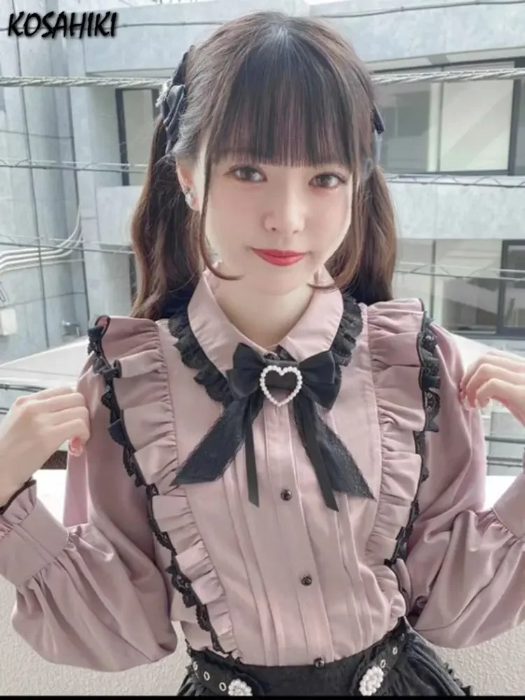 Chemise à volants en dentelle japonaise Kawaii pour femmes, chemisier à nœud rose Y2k, Harajuku, hauts mignons pour dames, nouvelle Lolita Blusas Femme 2025