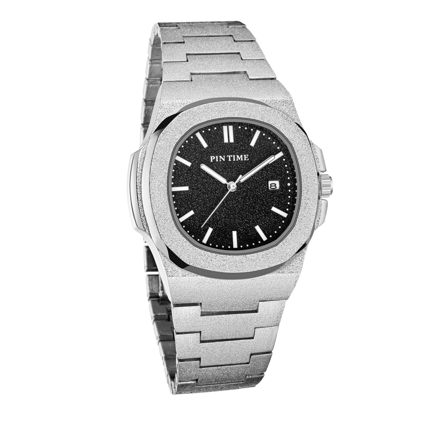 PINTIME Mens Luxury Watch Frosted Stainless Steel Quartz Movement Watches Male Sport Wristwatch