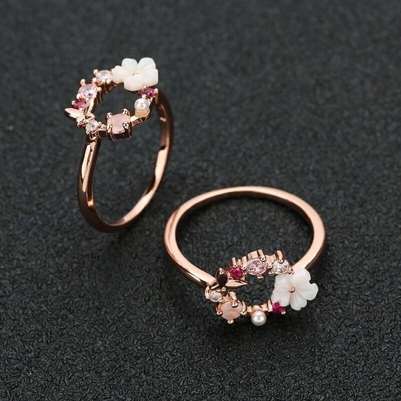 Mode Rose Goud Zirkoon Parel Sieraden Prachtige Vlinder Ring Bruiloft Engagement Ring