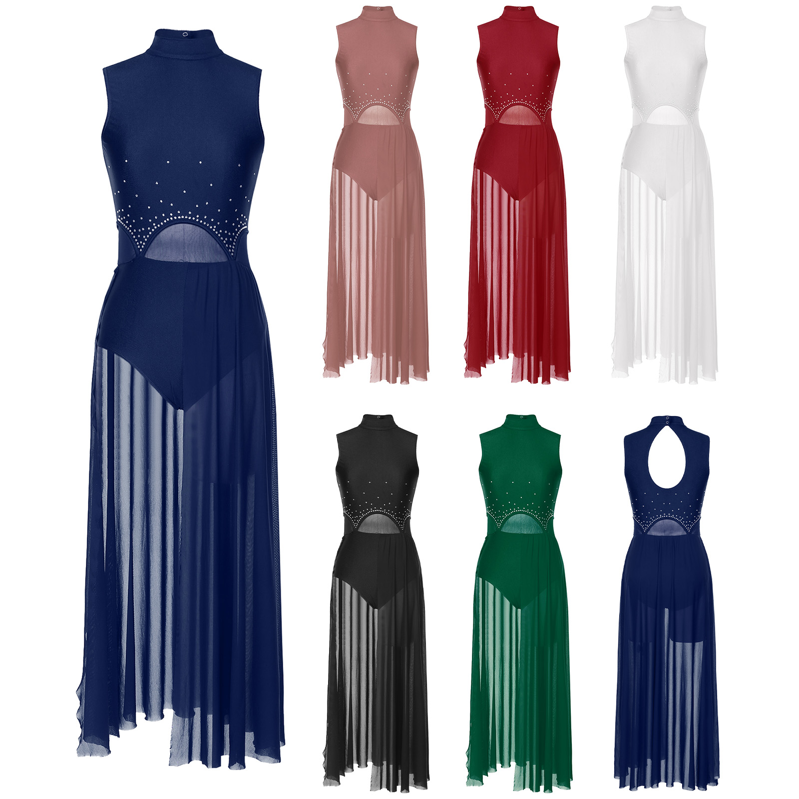 Robe de spectacle de danse lyrique moderne pour femmes, sans manches, fendue avec strass, robes Maxi transparentes, justaucorps de gymnastique de Ballet, vêtements de danse