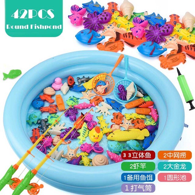 Juego de pesca con imanes para niños, juguetes de agua con imán de piscina inflable, caña de pescar, 15-68 piezas: 42pcs round pool