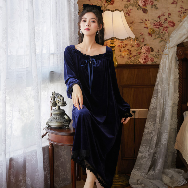Camisón romántico de terciopelo para mujer, bata cálida de princesa, ropa de dormir Vintage victoriana, vestido de noche para mujer, Otoño e Invierno: Dark Blue / XL