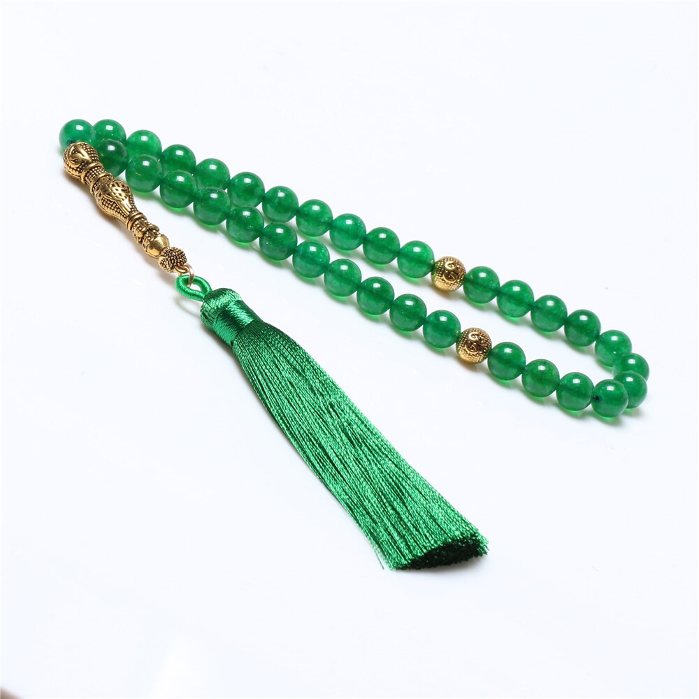 Grânulos muçulmanos islâmicos da oração da tasbih da pedra 33 da borla da linha verde das vendas quentes 8mm