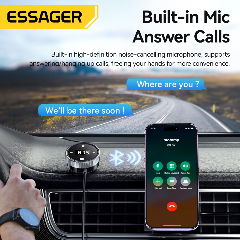 Essager Bluetooth 5.3 FM-Sender 3,5 mm AUX-Buchsen für Audio--Musikempfänger, integriertes Mikrofon, Freisprecheinrichtung, LED-Anzeige, unterstützt TF-Karte