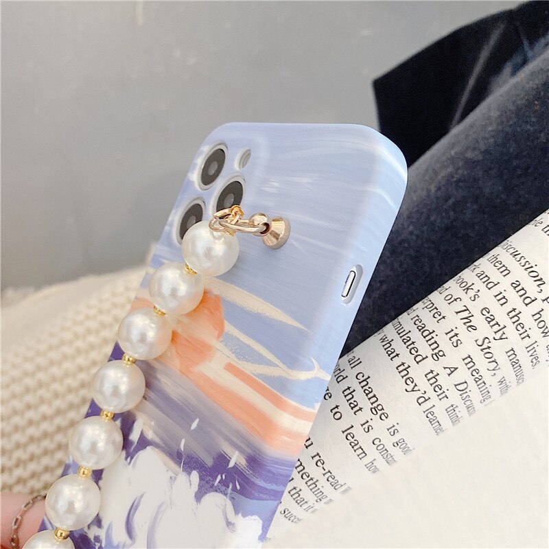 Pearl rhinestone wrist bracelet Scenery Japan Sea Wave case For iphone 12 11 Pro Max X XR Xs max 7 8Plus SE2020 Protective case