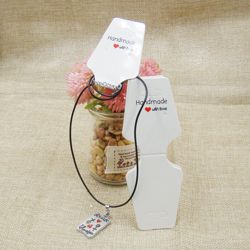 Smykkesæt kortprint håndlavet med kærlighed kraft / hvide smykker halskæde displaykort 100 stk + øreringe pakningskort 100 stk