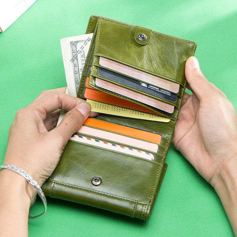 Contact's Women Wallets Genuine Leather Trifold Ladies Rfid Card Holder Wallet Coin Pocket Girls Coin Purse Green Portfel