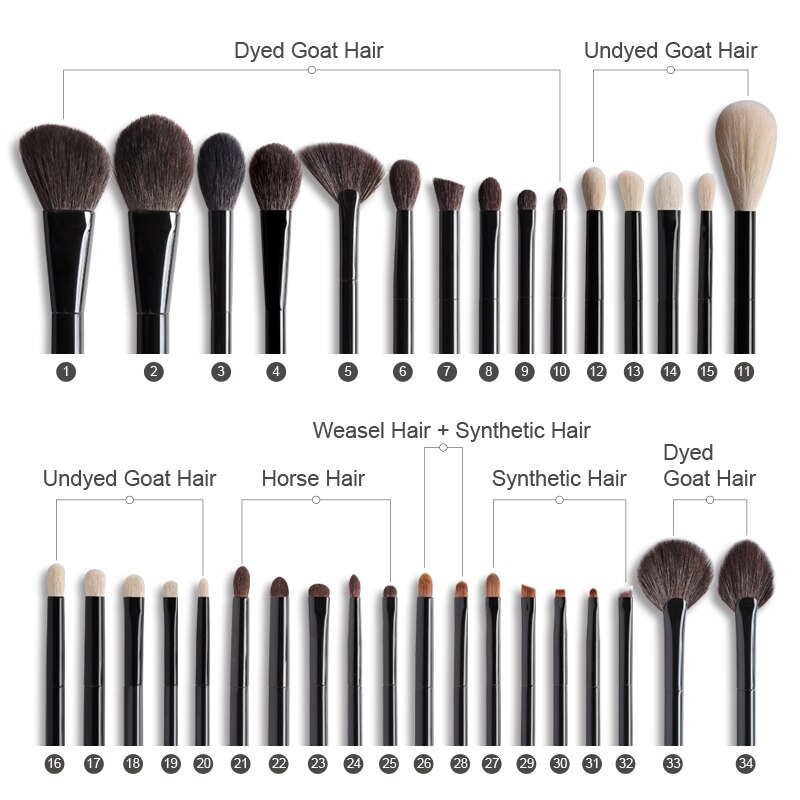 Ovw 2 stk geit kosmetikk sminke børster verktøy naturlig hår svart maleri tre håndtak brochas maquillaje pelo natura