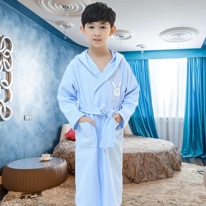 Children Hooded Bathrobe waffle Kids Boys Girls Cotton Lovely Robes Dressing Gown Kids Homewear Sleepwear with Belts summer