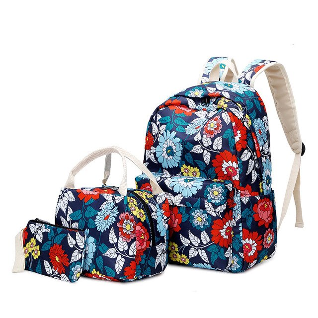 Waterdichte Bloem Afdrukken Schooltas Voor Tieners Meisjes Nylon Tas Set Vrouwen Rugzak Lunchbox Student Boek Tassen: Blauw