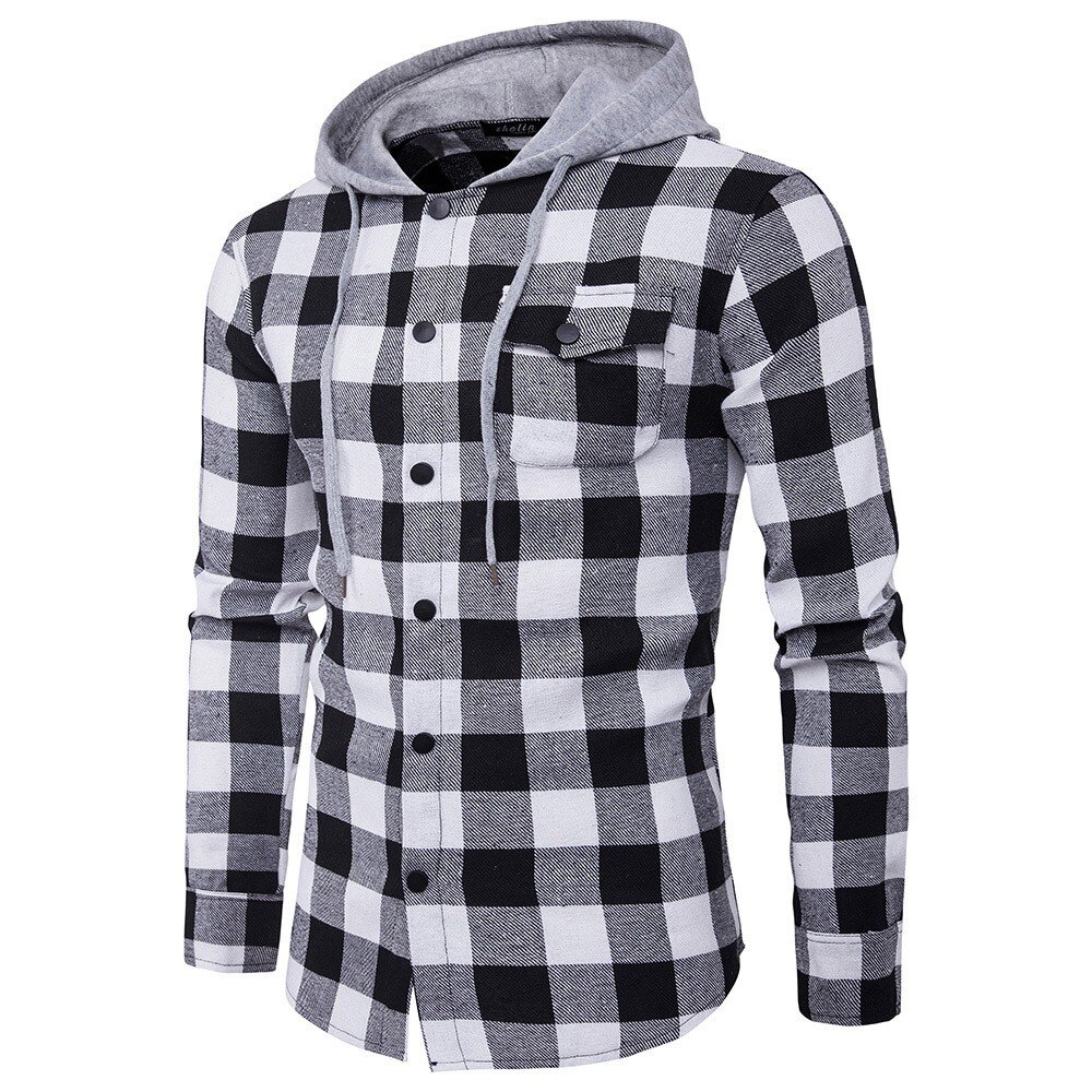 Camisa vaquera con capucha a cuadros para hombre, camisa informal de manga larga a cuadros, a la , corte entallado