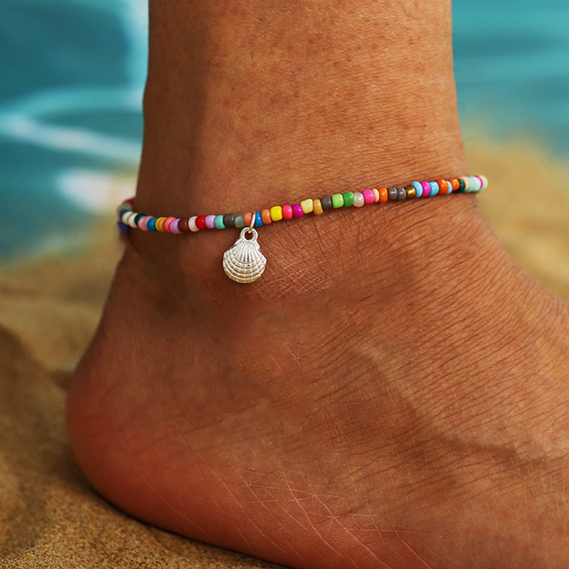 Tobillera bohemia multicapa con cuentas de arroz para mujer, tobilleras con colgante de estrella de mar a la , cadena de tobillo de playa de arena para verano, joyería en la pierna: Cobalto Chapado en