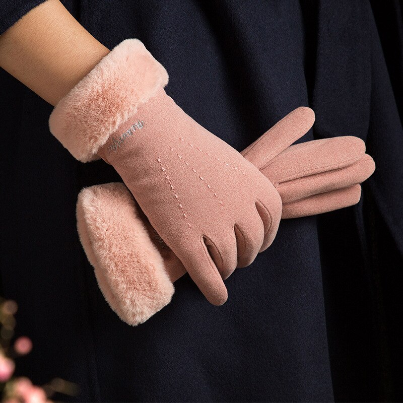 Winter Handschoenen Winddicht Outdoor Warm Houden Rex Konijnenbont Geborsteld En Dikke Roze Handschoenen Lederen Handschoenen Vingerloze