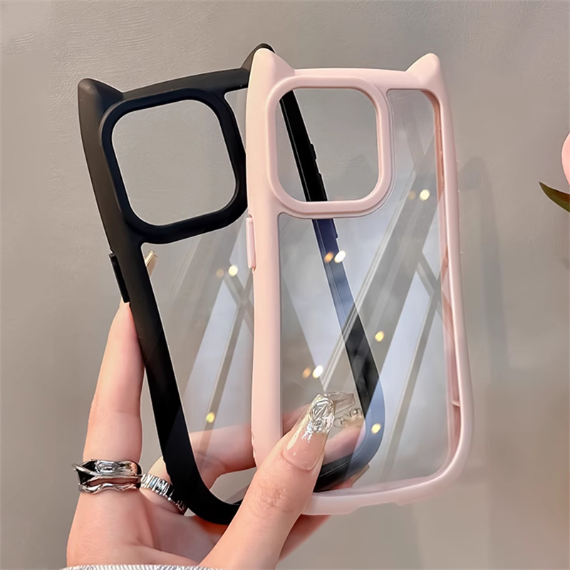 Cartoon 3D Cute Cat Ears Silicone Bumper Shockproof Phone Case For iPhone 15 14 13 12 Pro Max 11 Transparent Acrylic Hard Cover