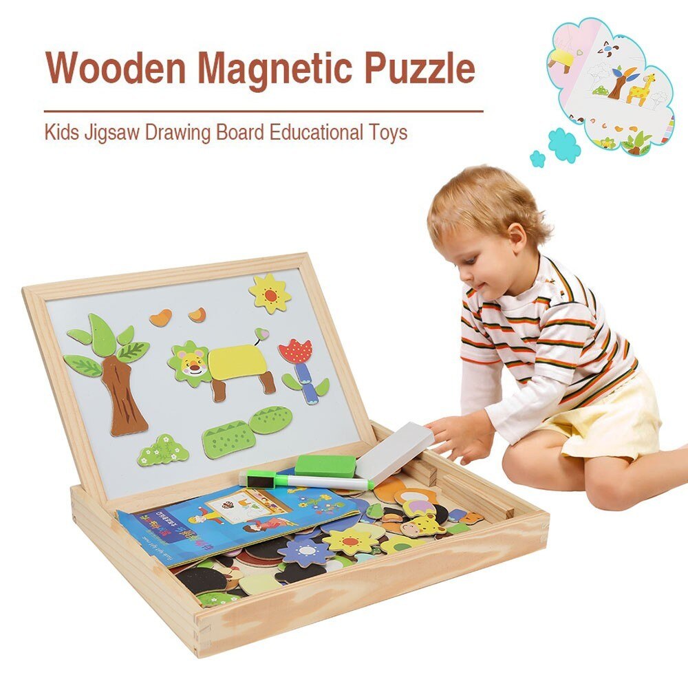 Wood Learning Educational Puzzle Toys Wooden Magnetic 3D Figure Animals Vehicle Circus Drawing Board Toy For Children Kid