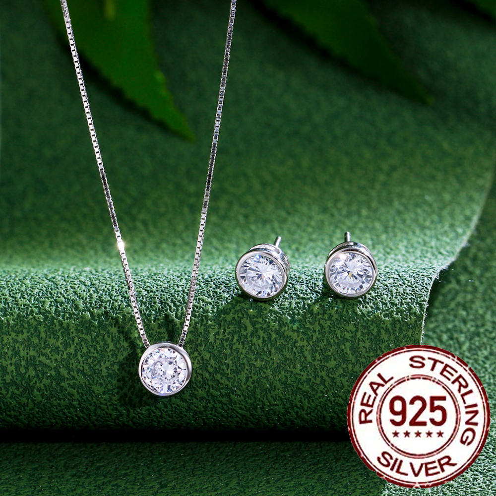 CWWZircons, conjunto de joyería de plata de ley 925 auténtica, circonita cúbica redonda brillante, collar Simple, pendientes para mujer, boda ST001