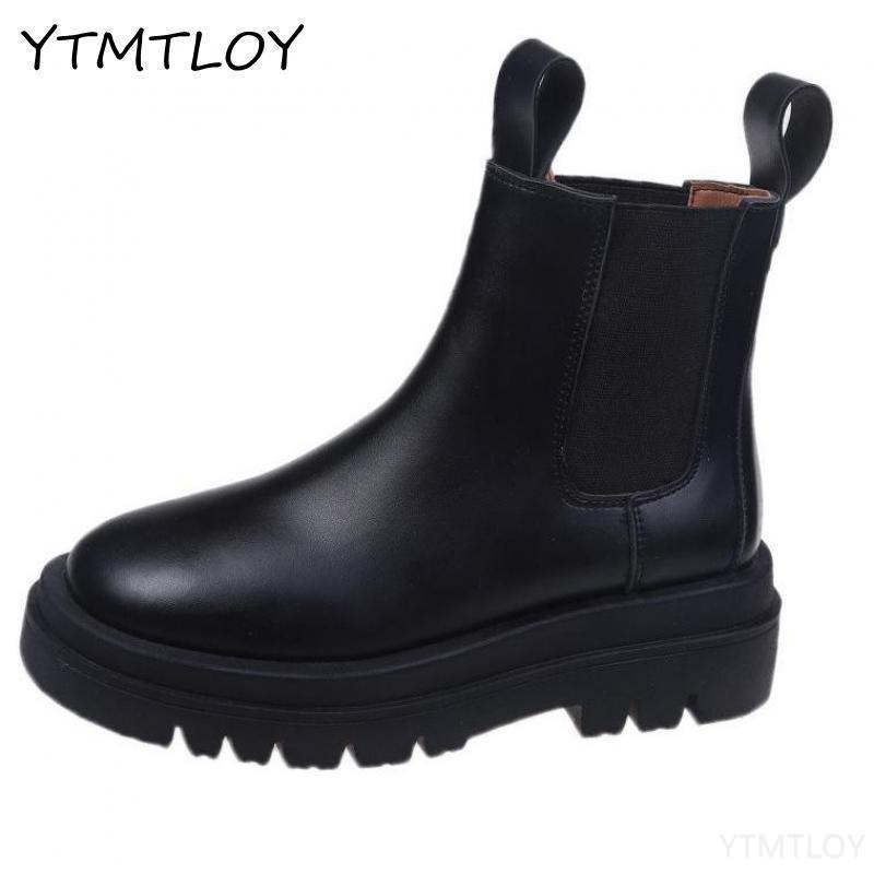 ¡Novedad de ! Botines de mujer de suela gruesa, botines de mujer de piel negra con plataforma, zapatos informales para mujer, botas de punta redonda para mujer: 35