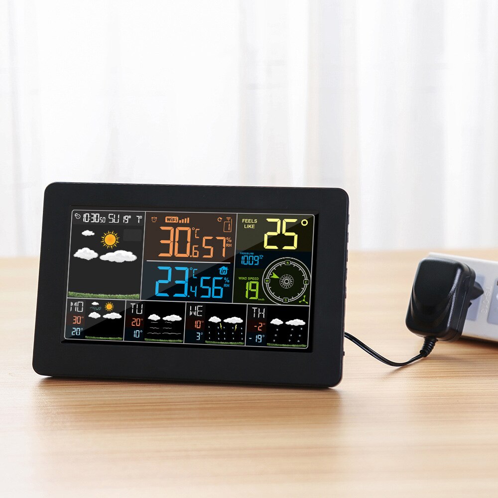 Fanju  w4 wifi klokke fuktighet trykk værmelding digital vekkerklokke temperatur med trådløs sensor