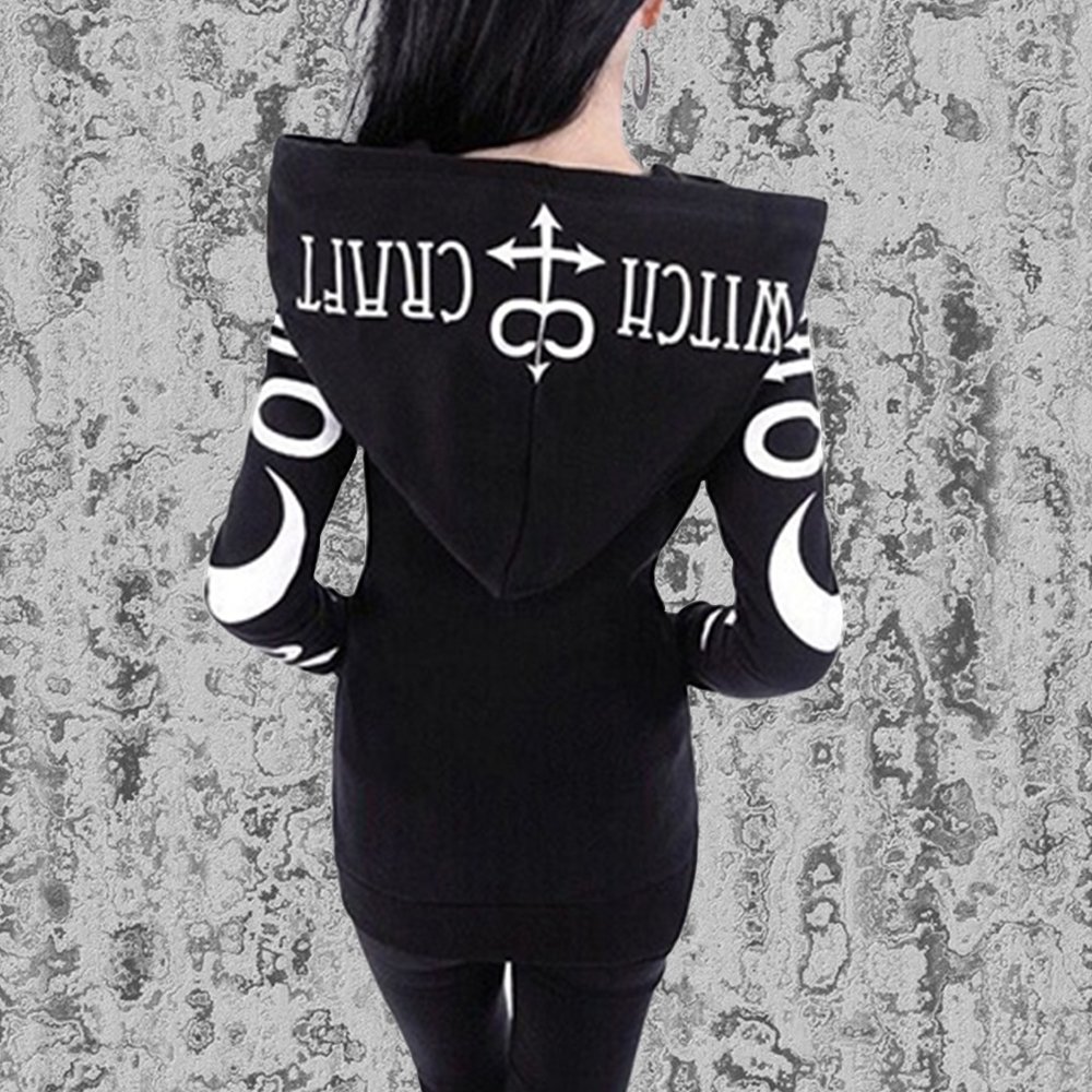 Vrouwen Gothic Hoodies Winter Harajuku Maan Brief Print Zwarte Vrouwelijke Sweatshirts Casual Pocket Hooded Zipper Punk Sweatshirt