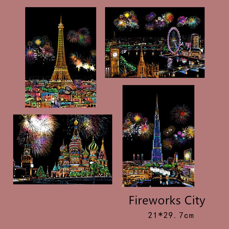 21*29cm 4PC DIY Scratch Paintings Card Animal Landscape Handmade decompression Drawing Toys Home Decor Picture: A4-FireworksCity