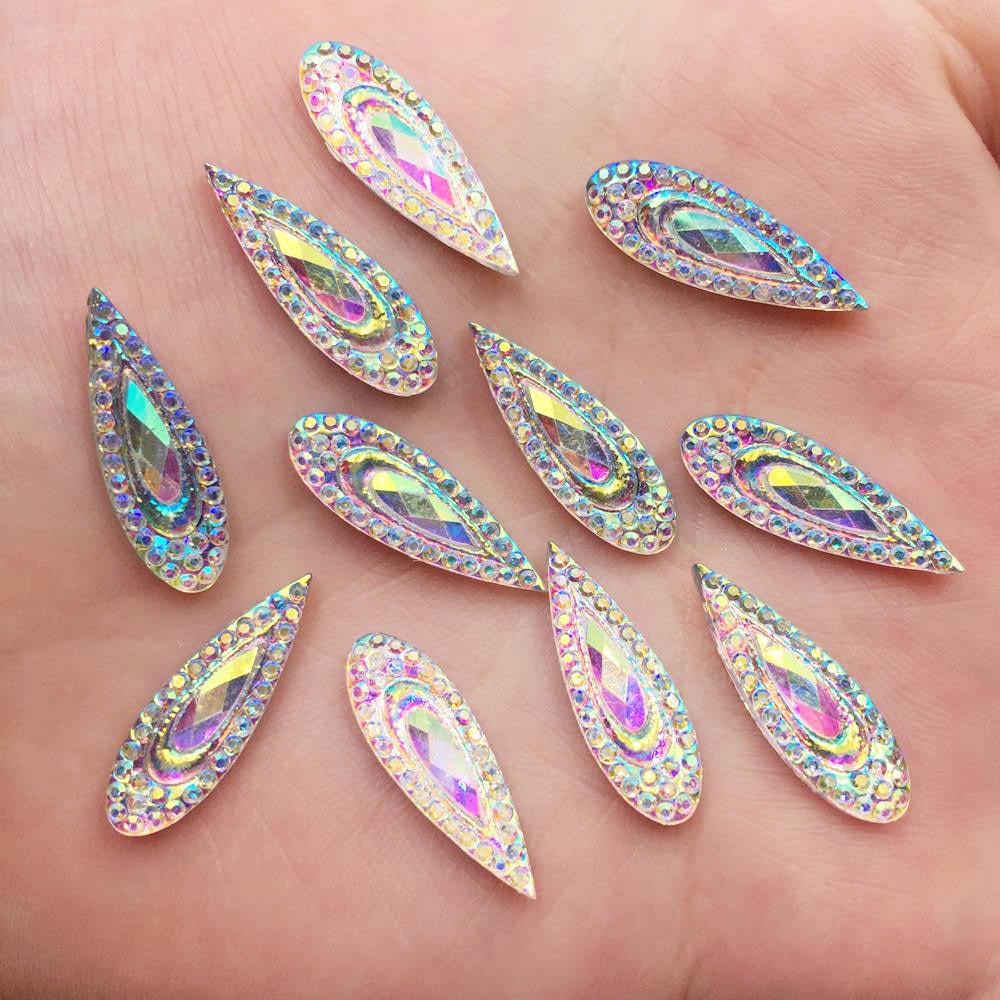 60 PCS shiny AB Hars 6*20mm Pauw eye Flat back rhinestone half Kraal bruiloft ornament DIY sieraden maken PF601