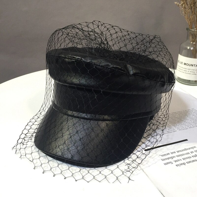Gorros con velo de encaje de PU negro para primavera y verano, gorra plana con letras de malla negra, varios estilos,