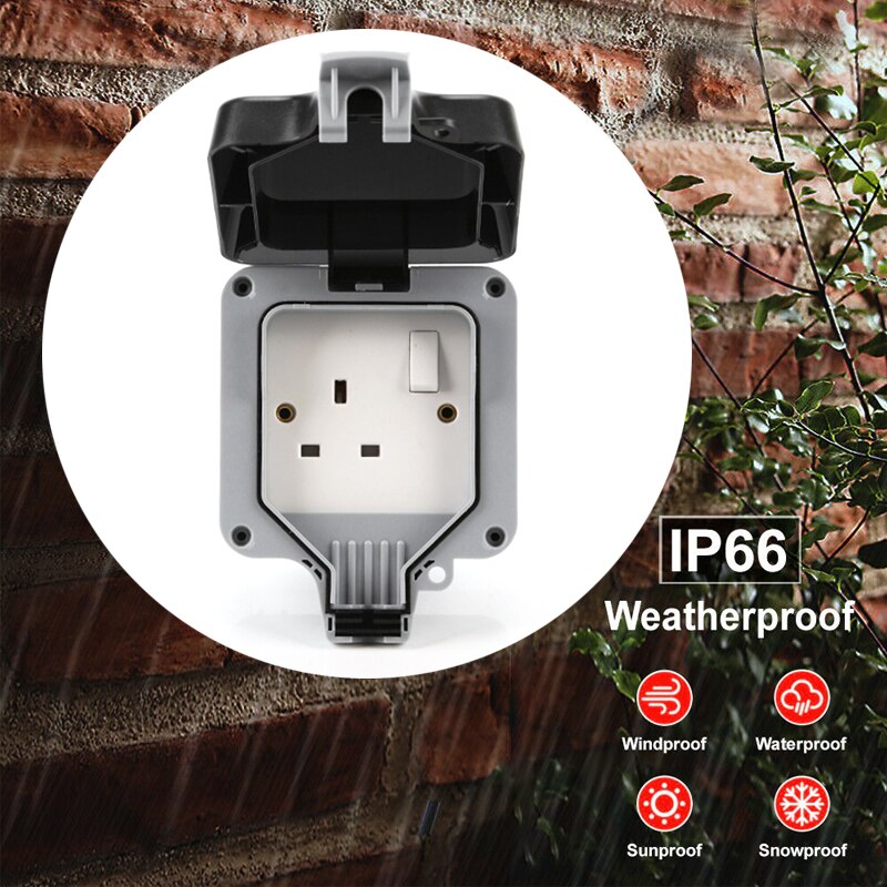 IMPACT RESISTANT 13A UK ABS Single Socket Switched Automatic Adjustment Electrical Sockets Waterproof Outdoor IP66 220V Socket