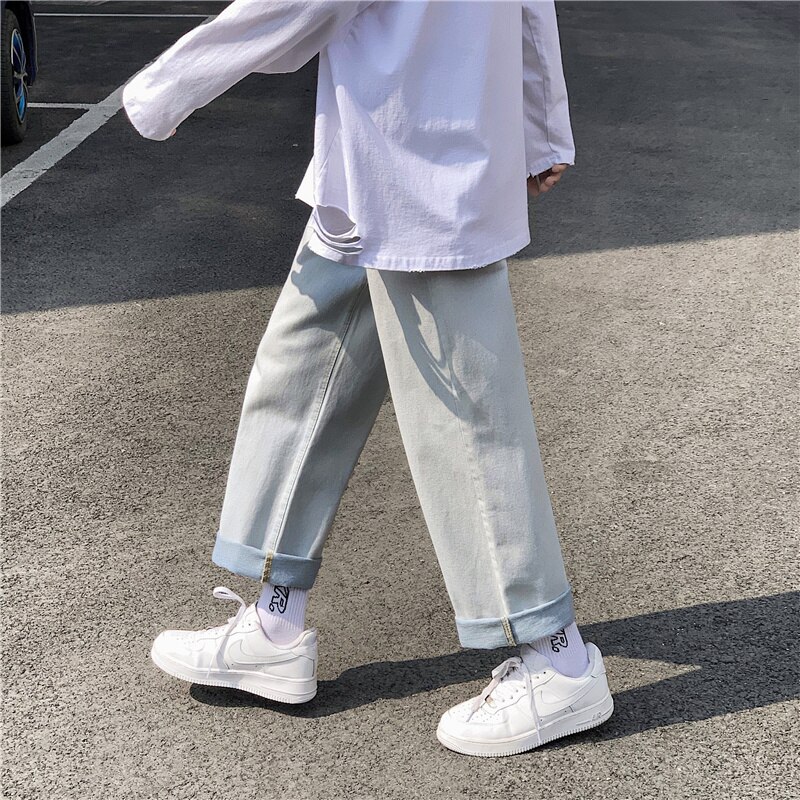 Heren jeans plus size 3xl koreaanse stijl effen mid-waist lang recht modieus gewassen bf losse studenten all-match denim broek