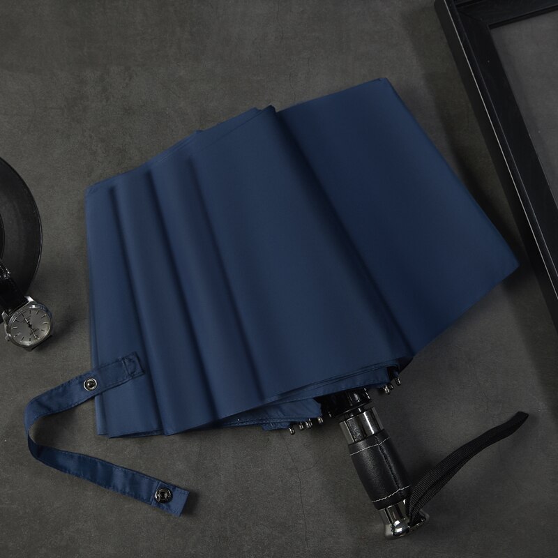 Paraply automatisk 115cm sort golf stor paraply regn læder håndtag business man paraplyer 10 ribben parasol herre