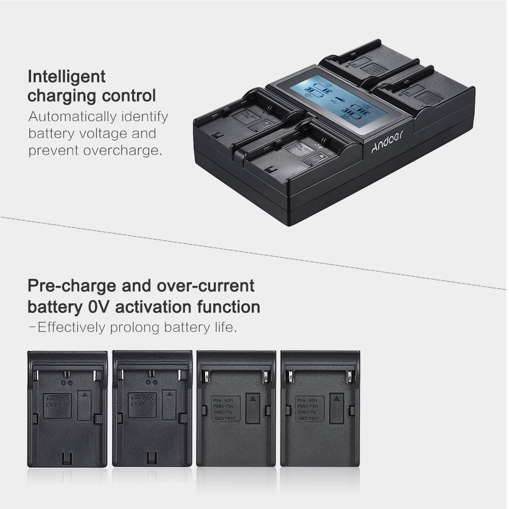 Andoer – appareil photo numérique à 4 canaux, chargeur de batterie LCD, pour Canon 6D 7DII 80D 5D série Sony F750 etc