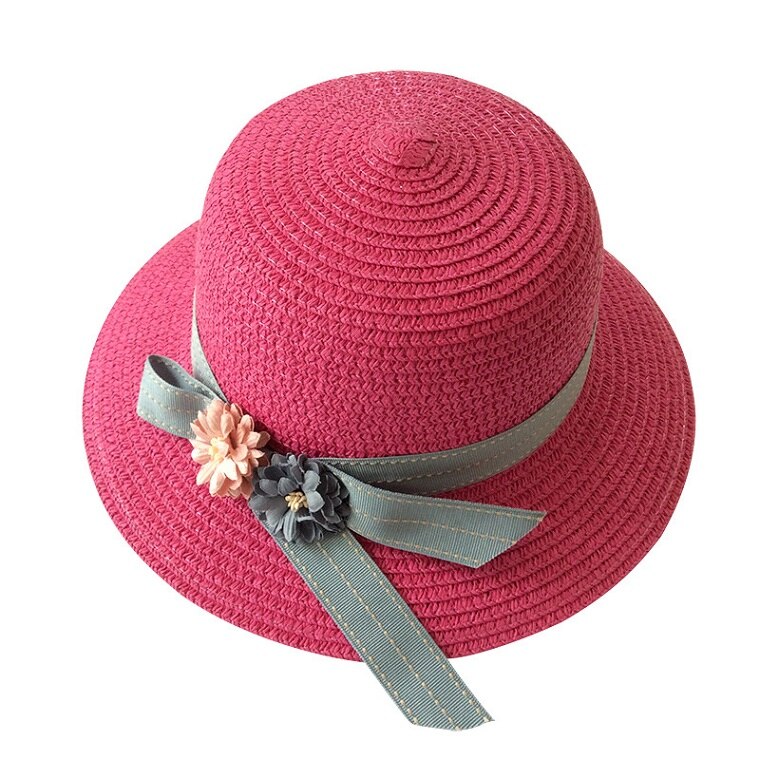 Chapeau de paille à fleurs pour filles, Panama, casquette de soleil pour enfants, chapeaux d&#39;été pour bébés: Rose Red