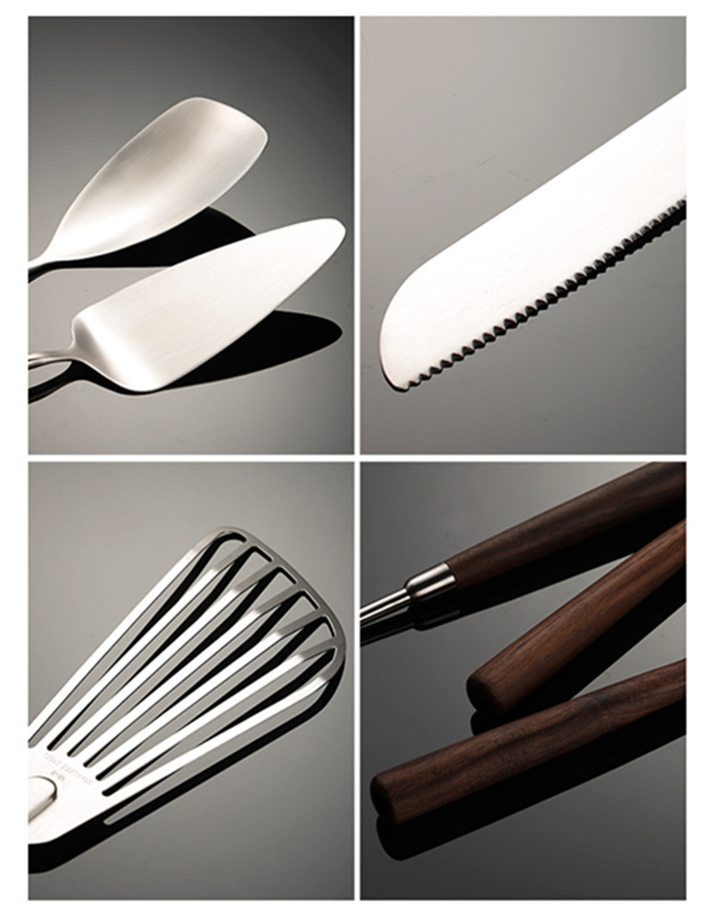 Pala de utensilios de cocina de acero inoxidable 304 de nogal, cuchara pequeña, pala voladora, cuchillo para pastel, espátula, herramientas de cocina, antiescaldado