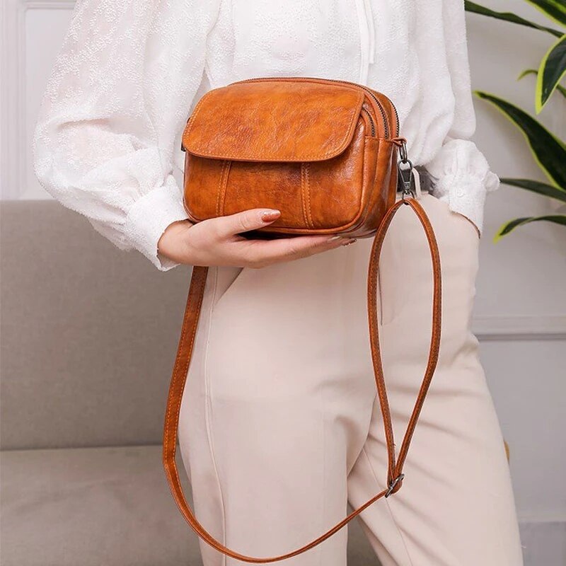 Luxury women's bag high soft PU leather ladies shoulder messenger bag multi-layer double zipper bag