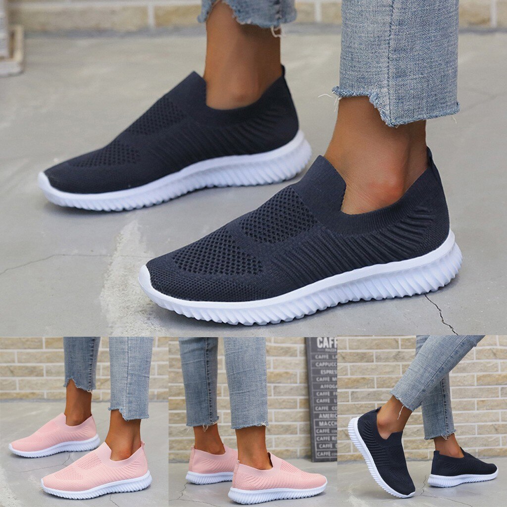 Zapatillas de tenis ligeras para mujer, zapatos vulcanizados de punto de malla transpirable, de deslizamiento para exterior, de talla grande