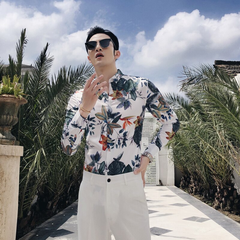 Märke streetwear hawaiisk skjorta herr långärmad slim fit herrskjortor camisa social masculina blommiga fritidsskjortor