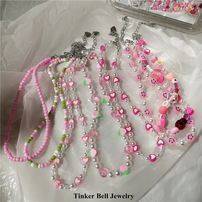 2022 new goth candy color pink pearl peach heart beaded necklace for female harajuku cute egirl party  y2k jewelry accessories