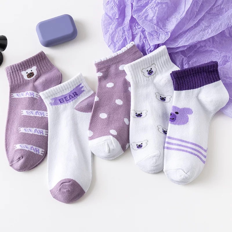 Ensemble de chaussettes pour femmes, fines, bleues, à carreaux, motif d'ours chat, Tube bas en coton, mignonnes chaussettes de sport pour filles, respirantes, d'équipage, Kawaii, printemps été
