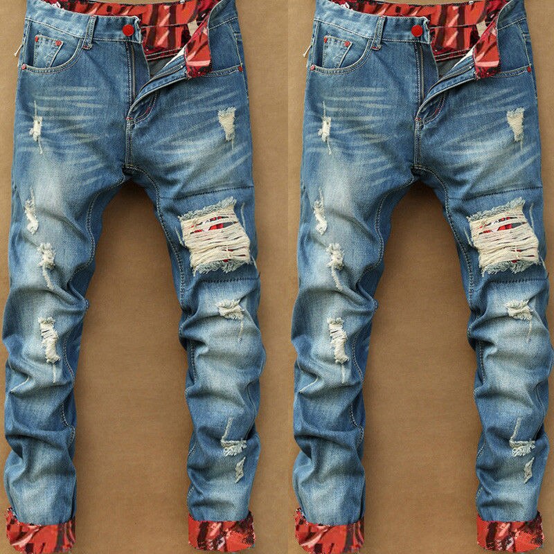 Autumn Spring Men's Ripped Retro Street HIP HOP Punk Stretch Bike Jeans Trendy Holes Straight Denim Trousers