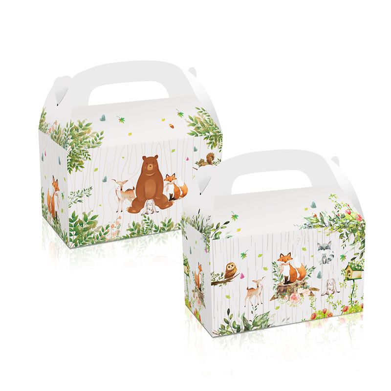 4Pcs Woodland Dieren Zakken Behandelen Kids Gasten Dragee Bag Met Handvat Jungle Safari Doos Snoep Verpakking Verjaardagsfeestje gunsten